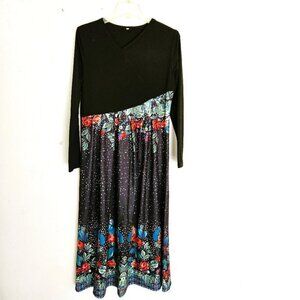 Generic Casual Stitching flower Print Elegant Black Midi Dress Size Medium
